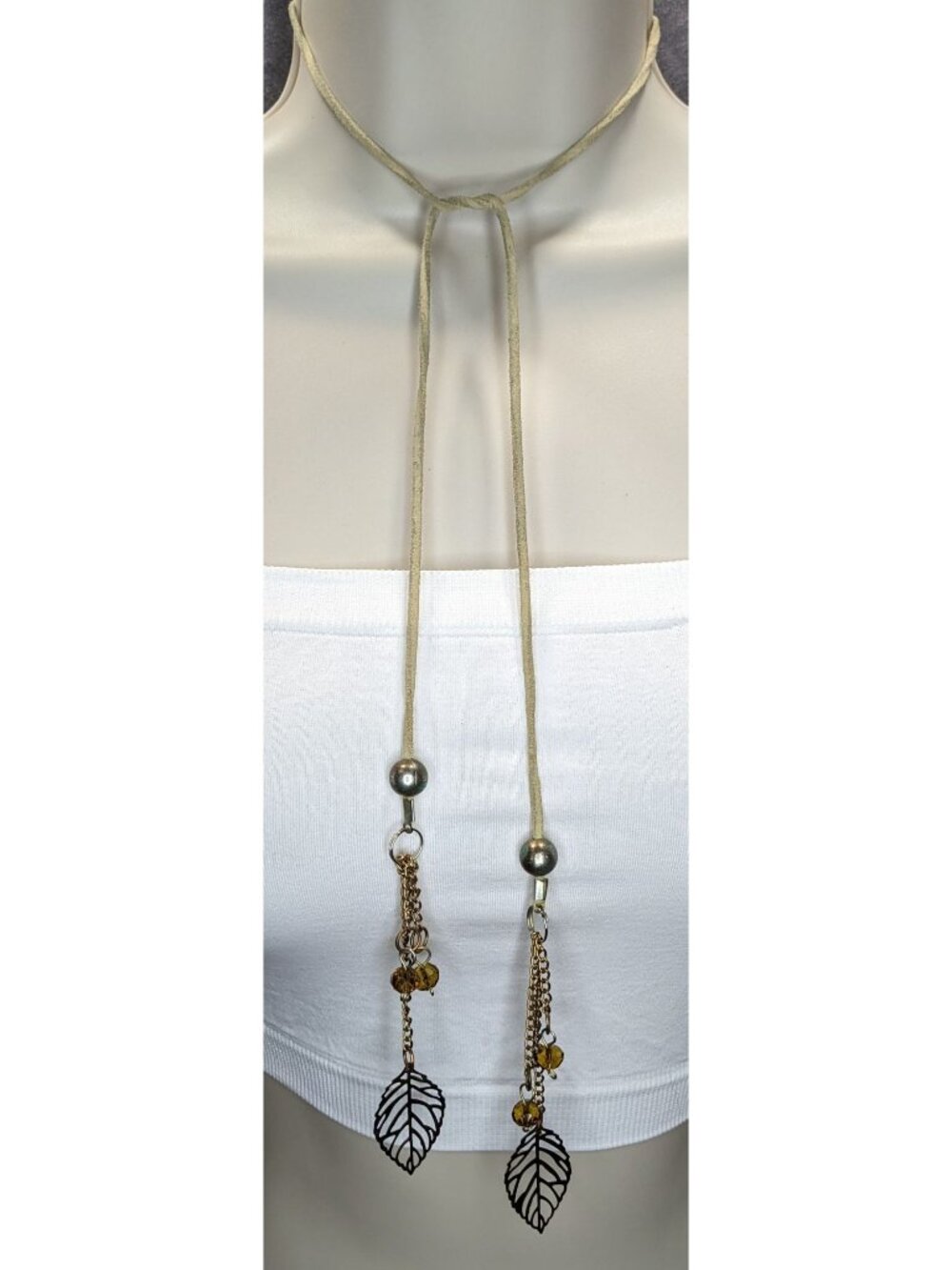 Boho Fairycore Handmade Suede Leaf Lariat Necklace with Crystal Bead Tassels